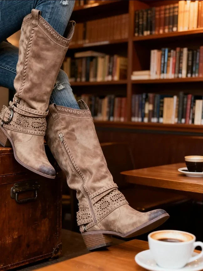 Women's Knee High Buckle Strap Boots with Zipper