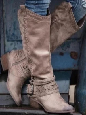 Women's Knee High Buckle Strap Boots with Zipper