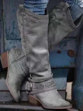 Women's Knee High Buckle Strap Boots with Zipper