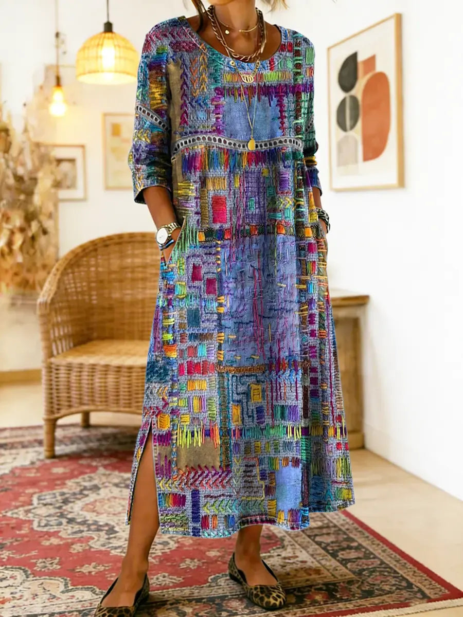 Robe midi bohème patchwork pour femme