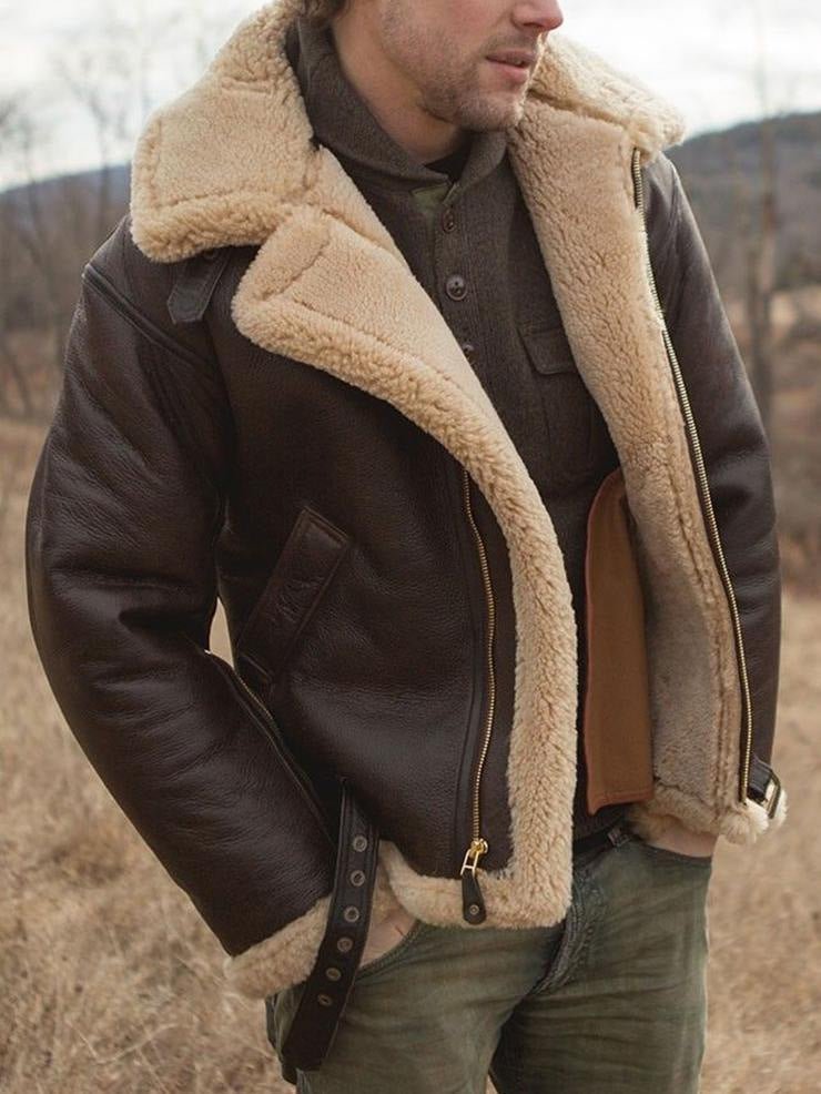 Blouson d’aviateur pour homme doublé en peau lainée, avec col en fausse fourrure