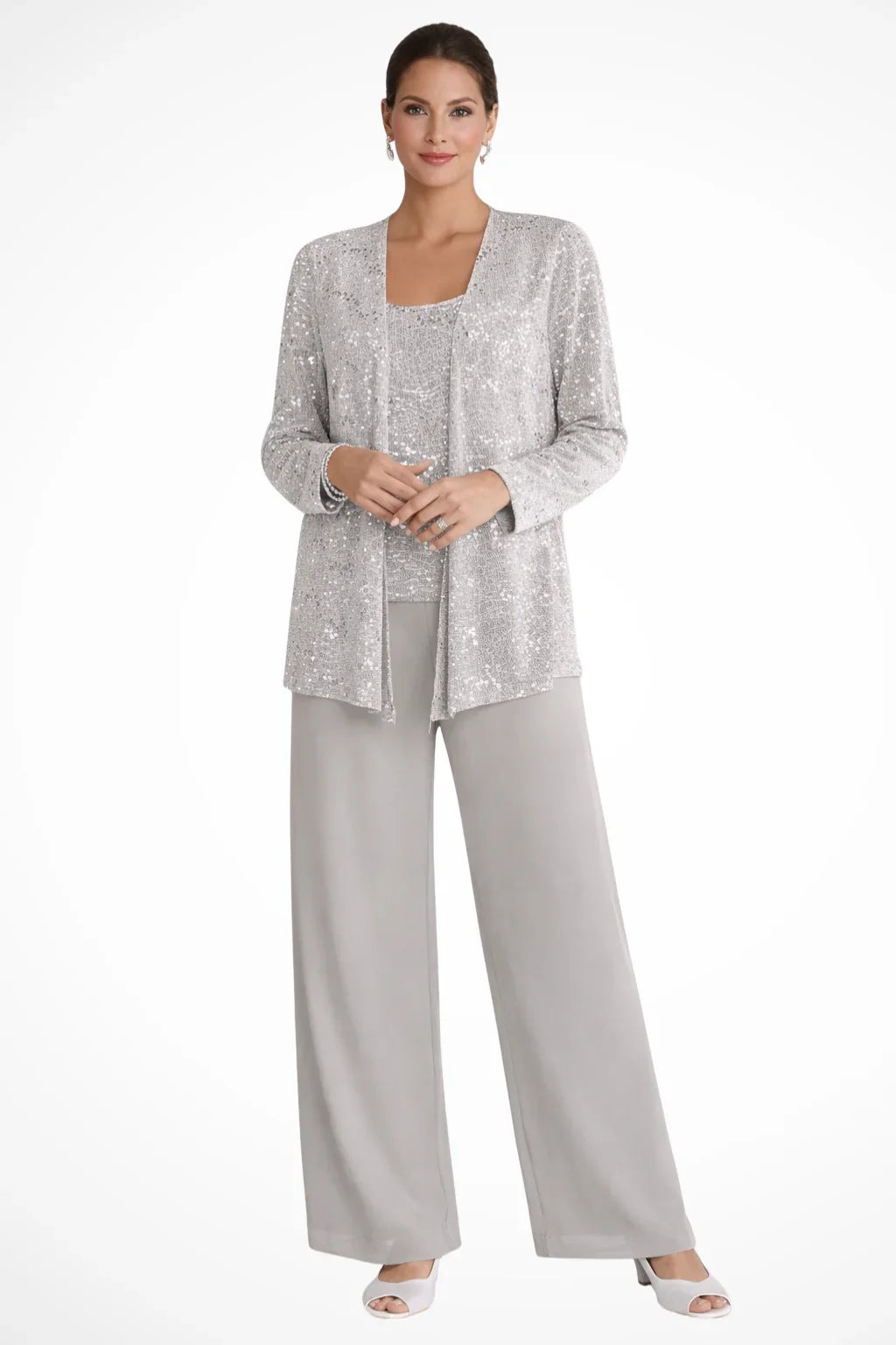 Completo elegante da donna con pizzo e paillettes, pantaloni a gamba larga, per invitate a un matrimonio