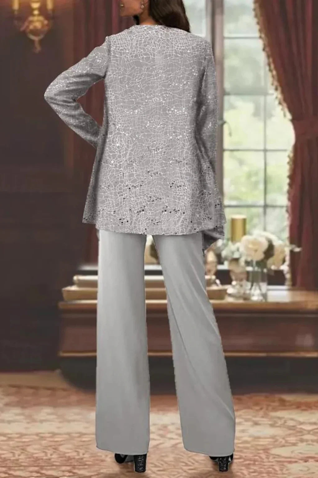Completo elegante da donna con pizzo e paillettes, pantaloni a gamba larga, per invitate a un matrimonio