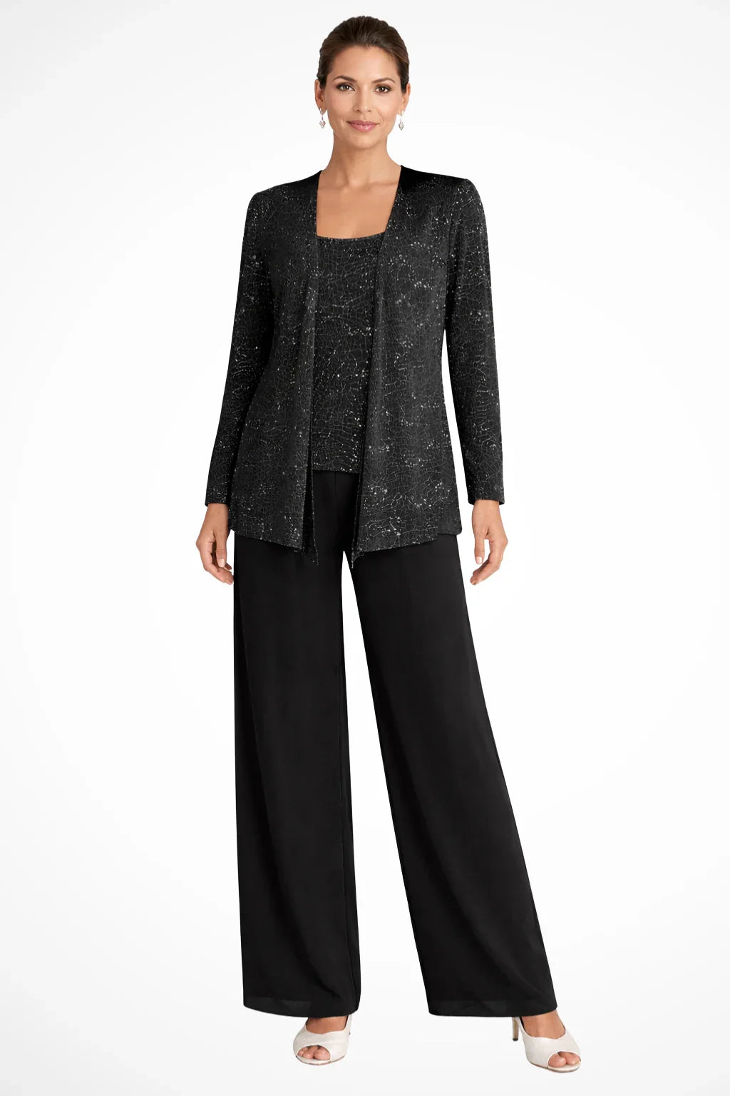 Completo elegante da donna con pizzo e paillettes, pantaloni a gamba larga, per invitate a un matrimonio