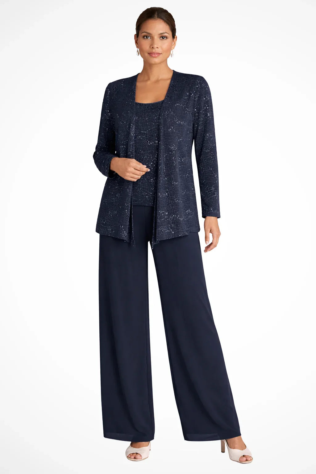 Completo elegante da donna con pizzo e paillettes, pantaloni a gamba larga, per invitate a un matrimonio
