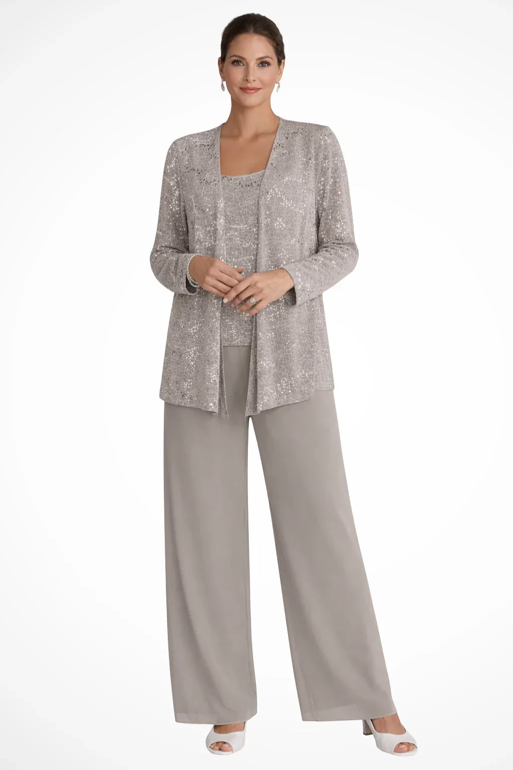 Completo elegante da donna con pizzo e paillettes, pantaloni a gamba larga, per invitate a un matrimonio