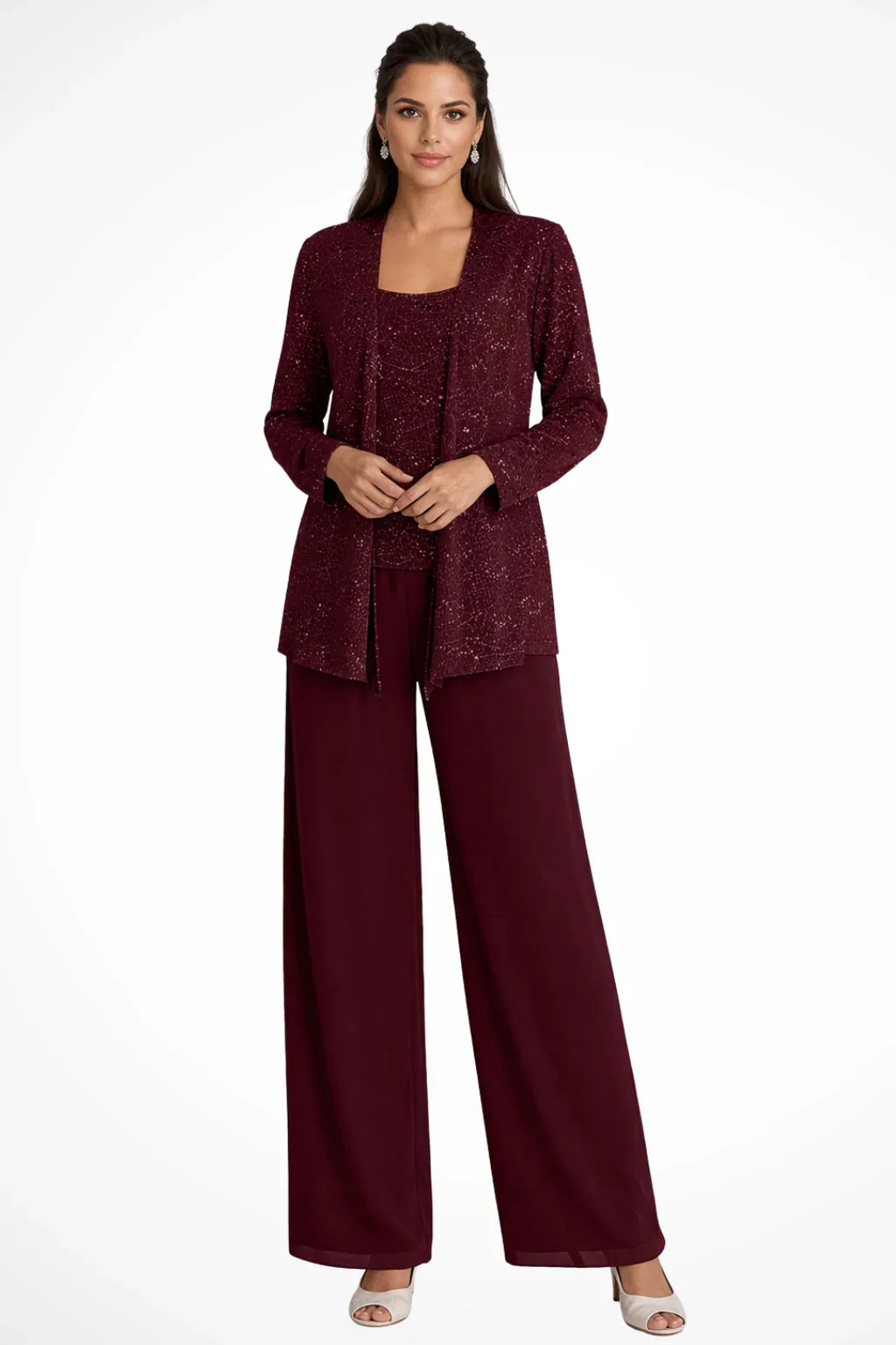 Completo elegante da donna con pizzo e paillettes, pantaloni a gamba larga, per invitate a un matrimonio