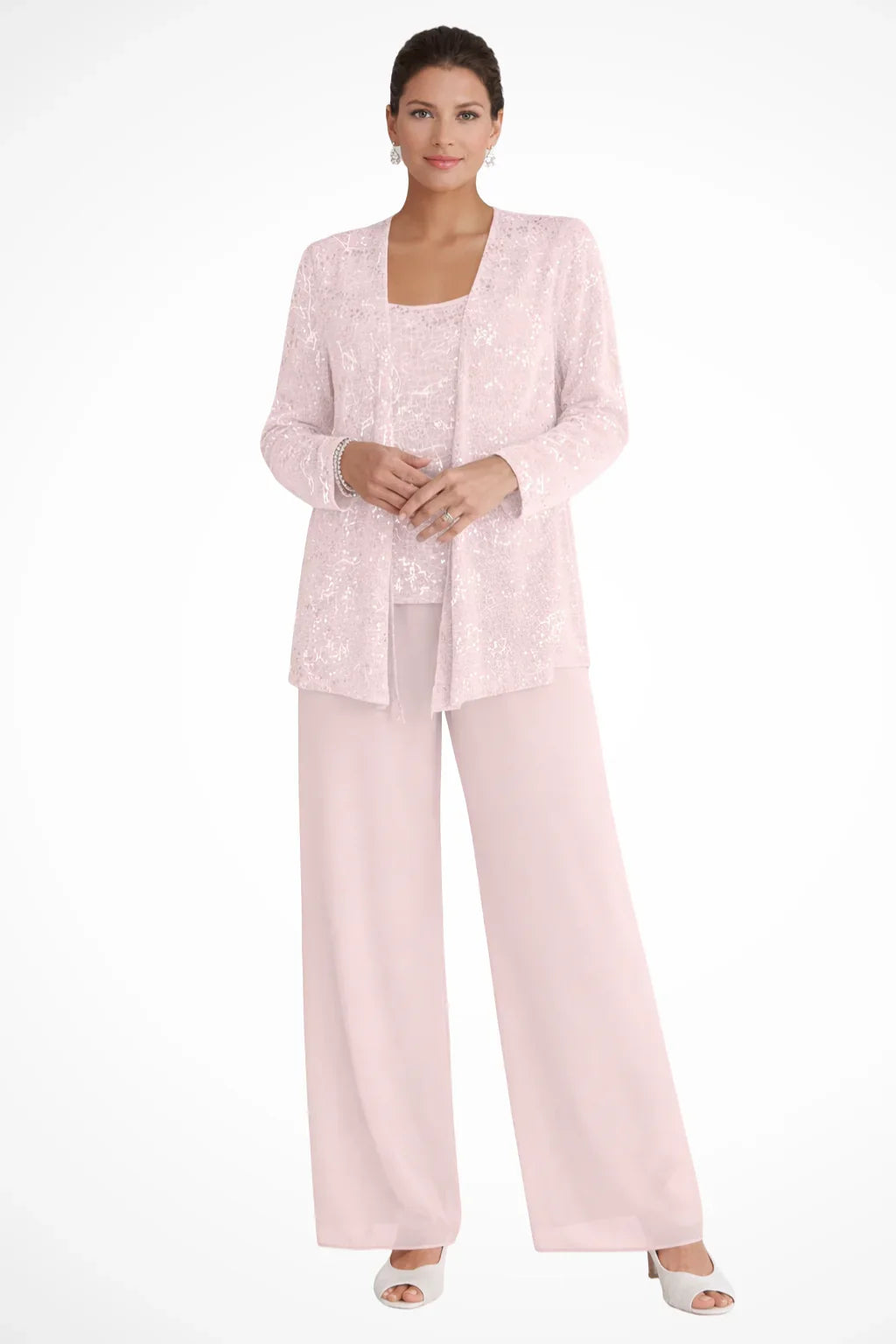 Completo elegante da donna con pizzo e paillettes, pantaloni a gamba larga, per invitate a un matrimonio