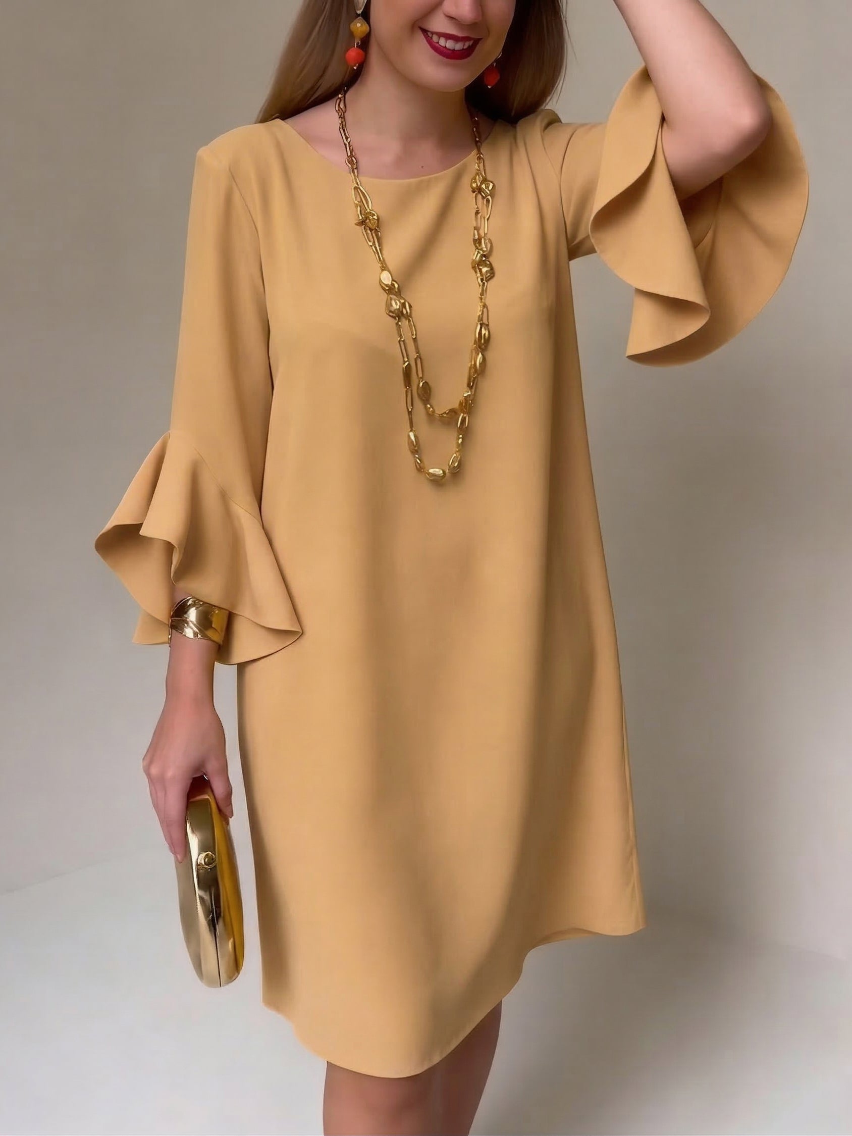 Robe midi fluide pour femme à manches volantées