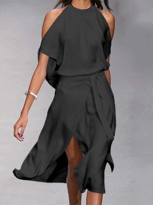 Women's Asymmetrical Draped Short Sleeve Midi Dress