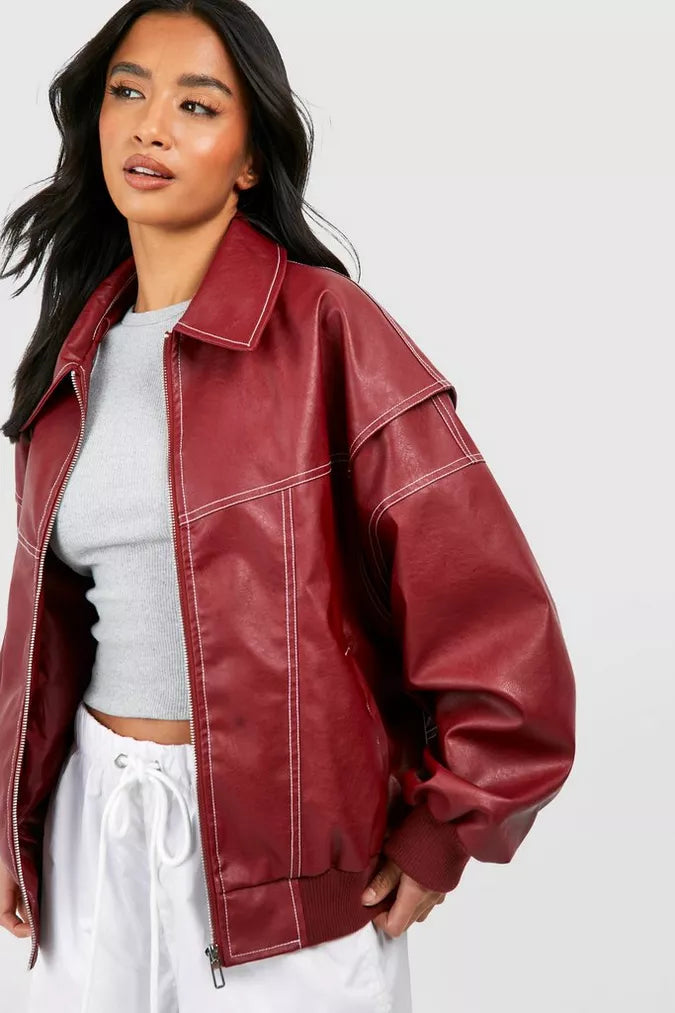 Women's Red Oversized Bomber Jacket
