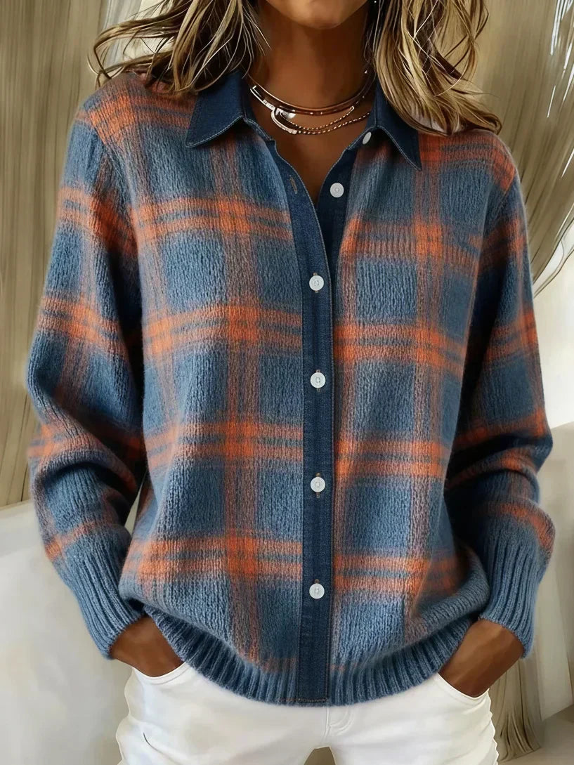 Women's Plaid Knit Collared Cardigan Sweater