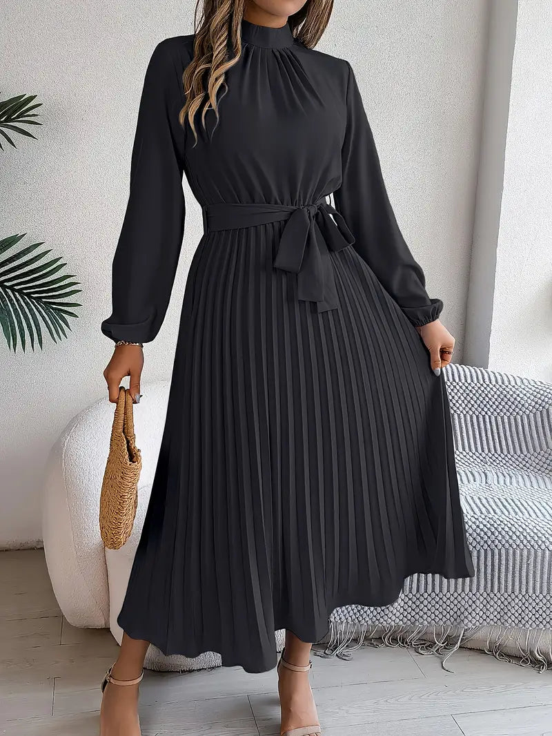 Robe midi plissée pour femme à col montant avec ceinture à nouer
