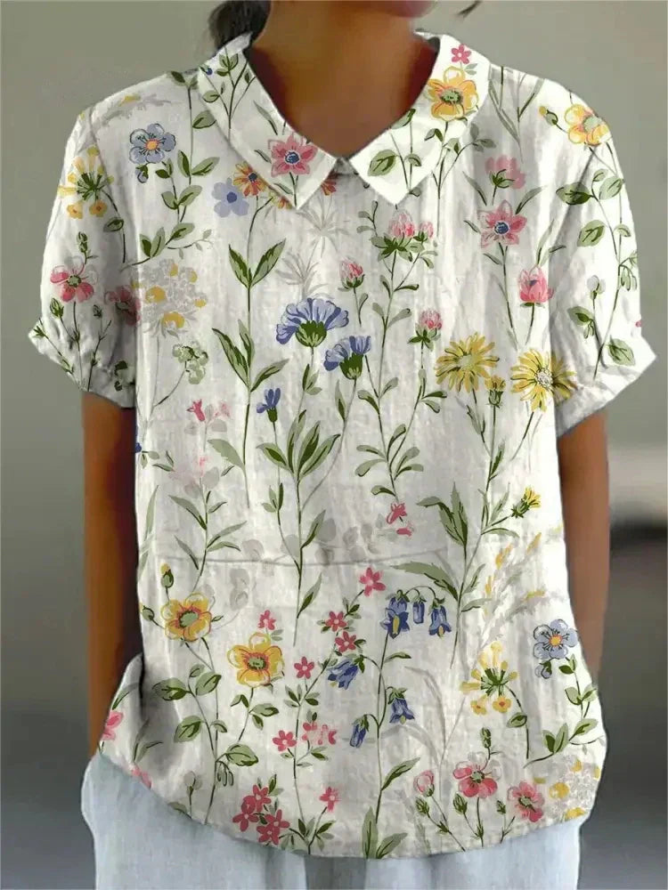 Blouse décontractée à manches courtes avec col et motif floral