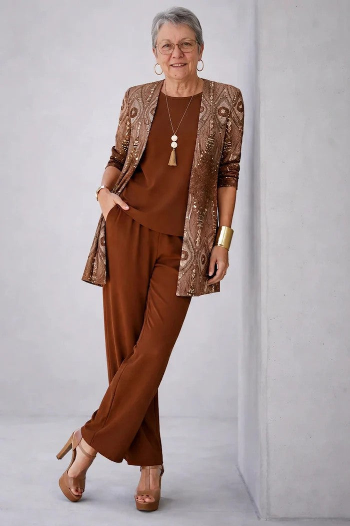 Completo donna in 3 pezzi con blazer, top e pantaloni comodi