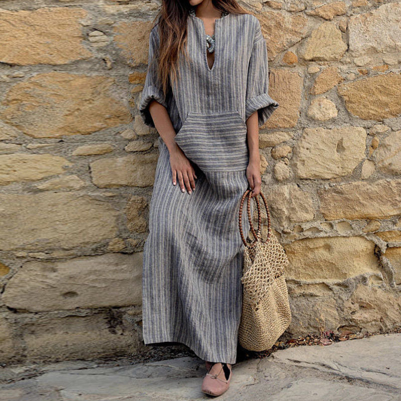 Women's Striped V-Neck Maxi Dress