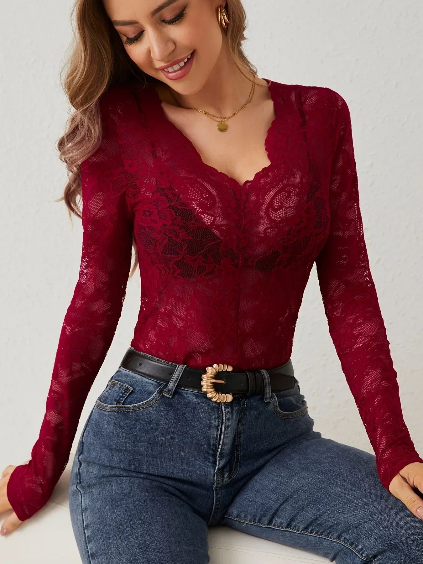 Floral Lace V-Neck Long Sleeve Top