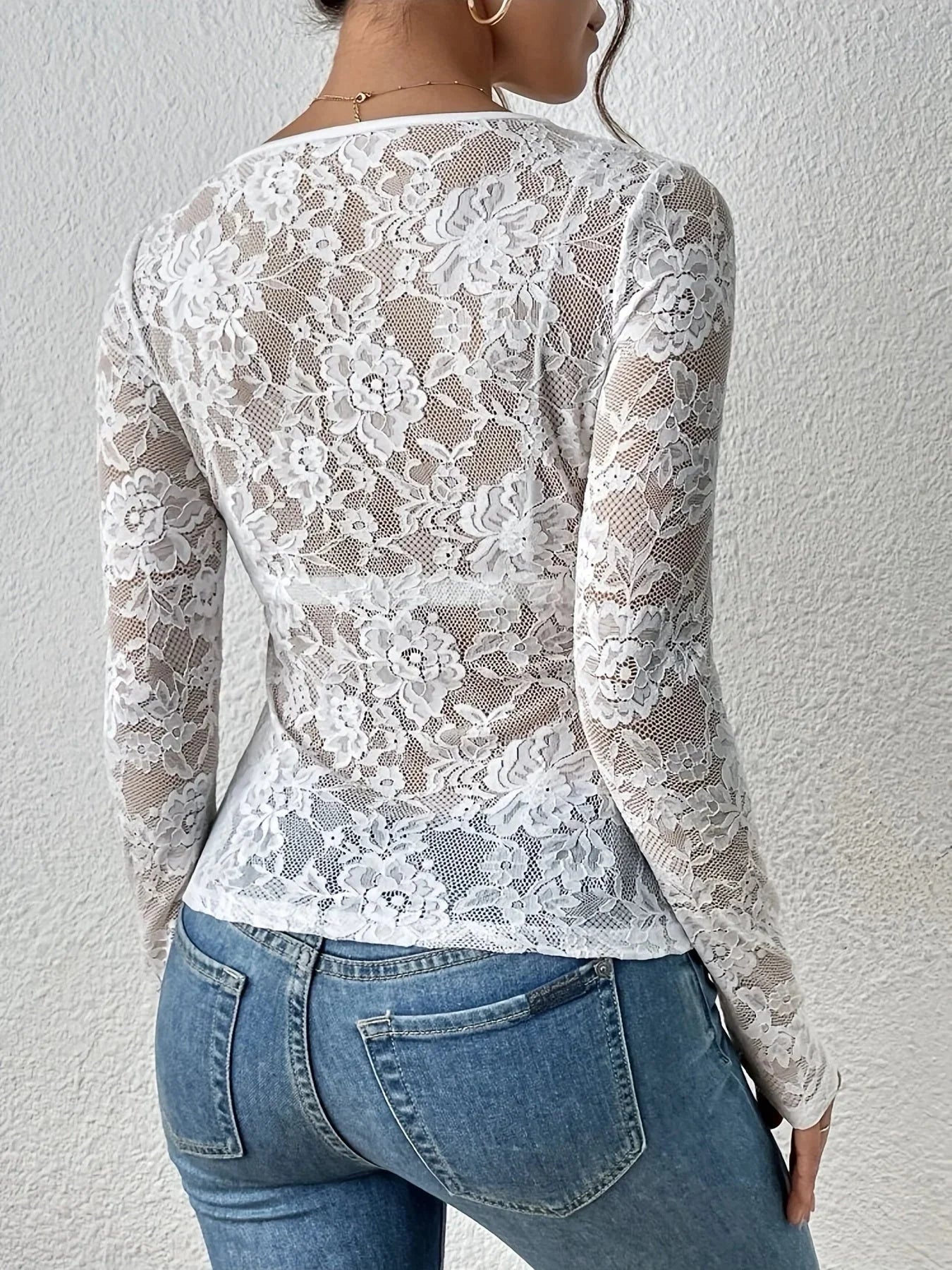 Floral Lace V-Neck Long Sleeve Top