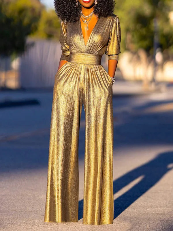 Women's Metallic Wide-Leg Jumpsuit with Plunging V-Neck