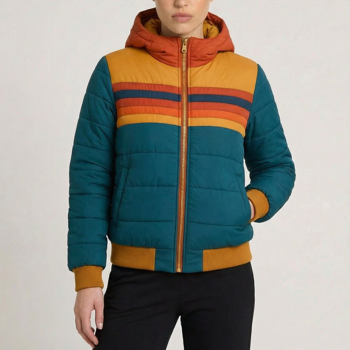 Women's Striped Hooded Puffer Winter Jacket