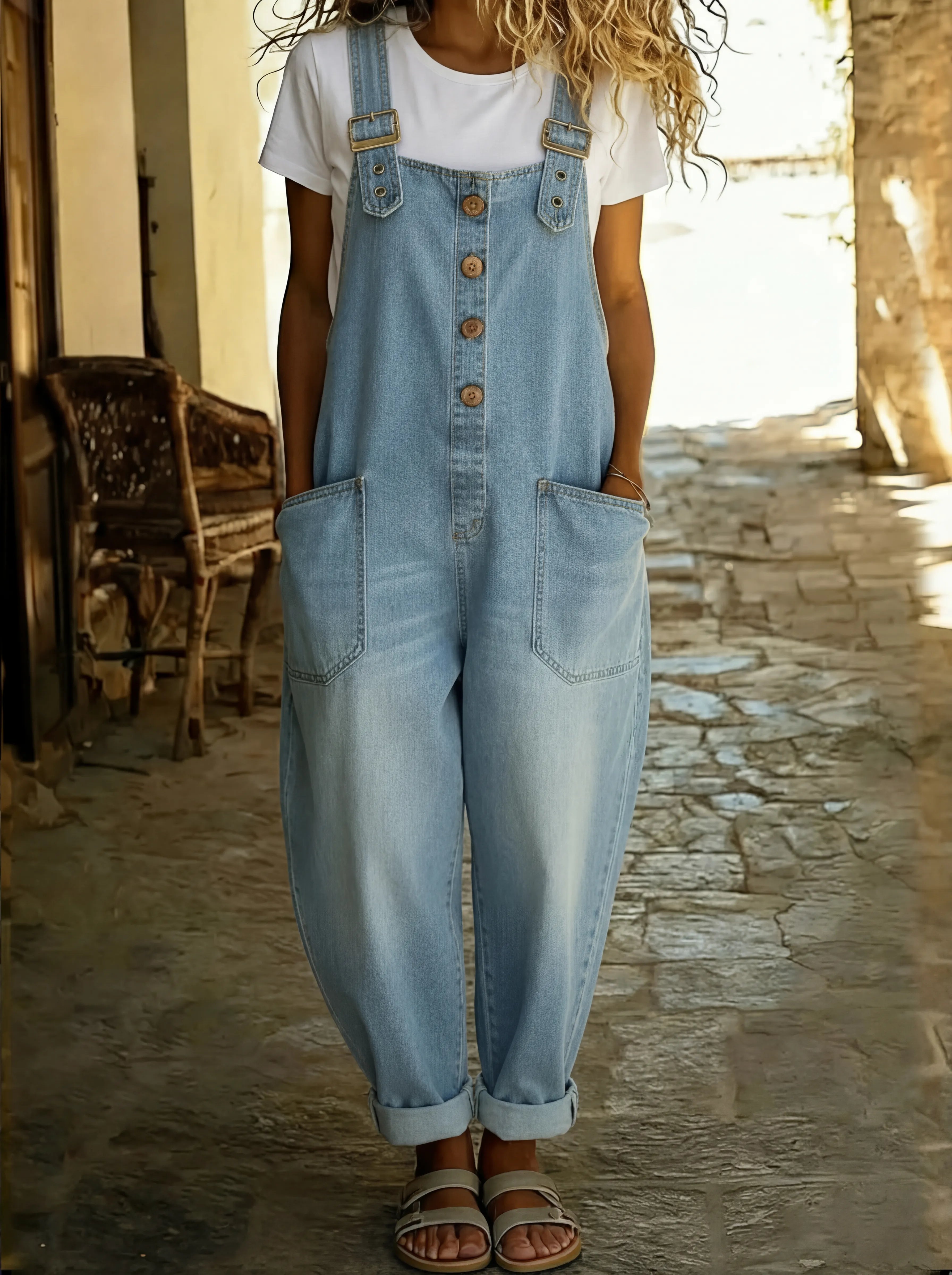 Women's Denim Overall with Adjustable Buckle Straps