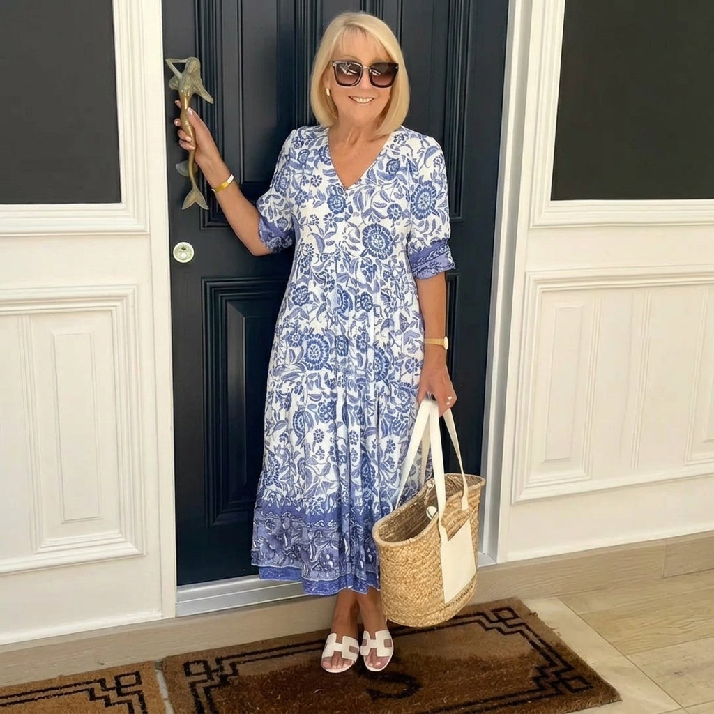 Women's A-Line Floral Midi Dress with V-Neckline