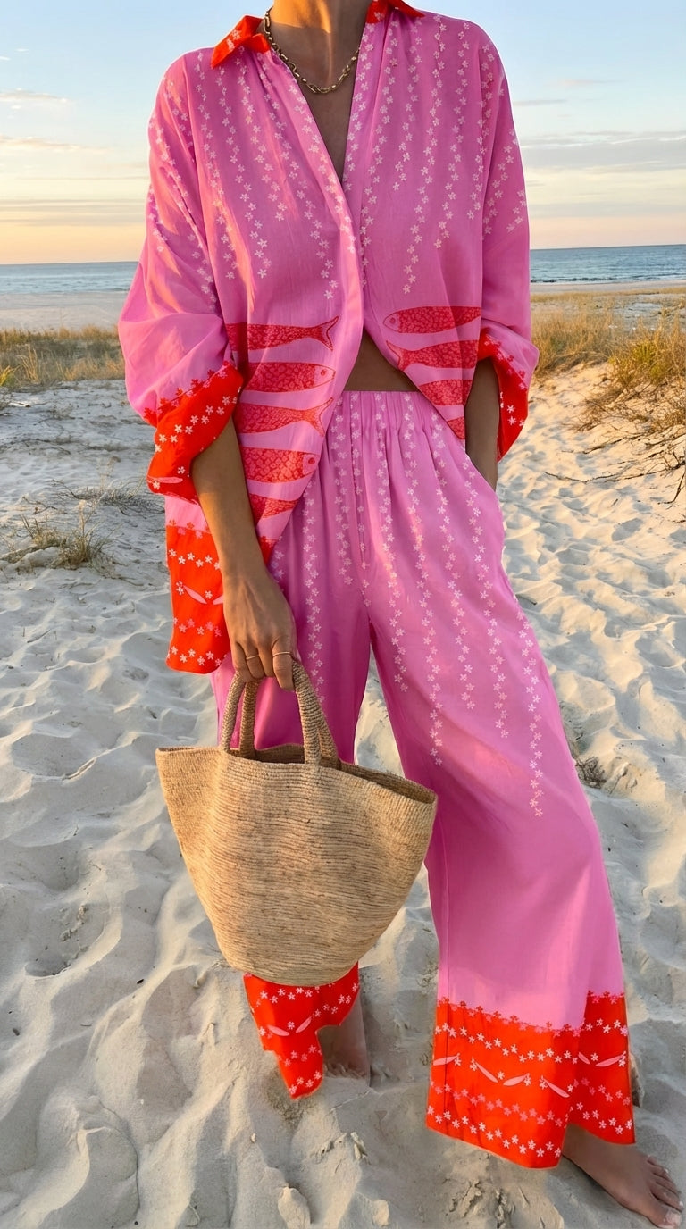 Ensemble imprimé pour femme – haut à manches longues et pantalon à jambes larges