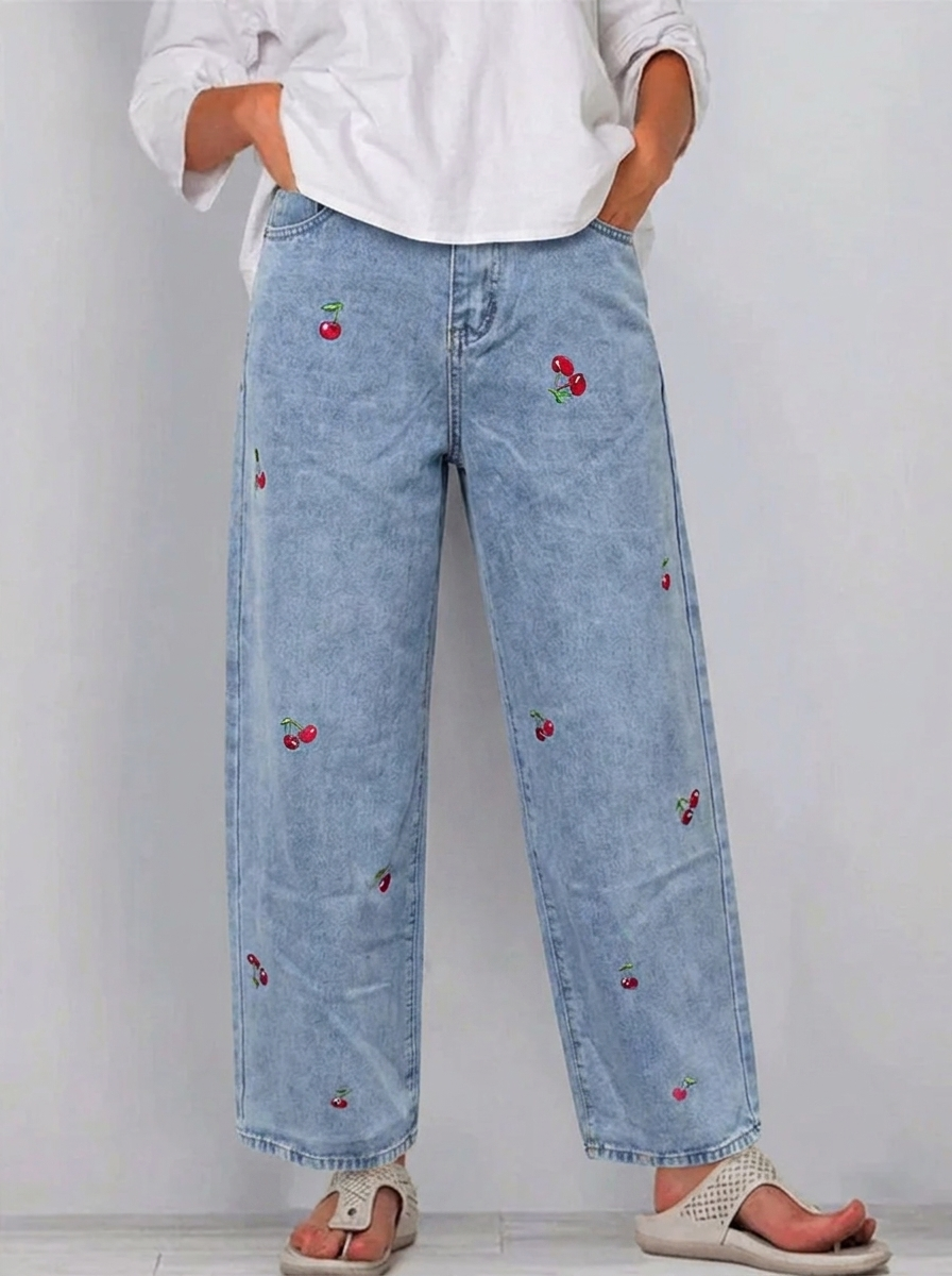Jean large à jambes larges pour femme, brodé de cerises