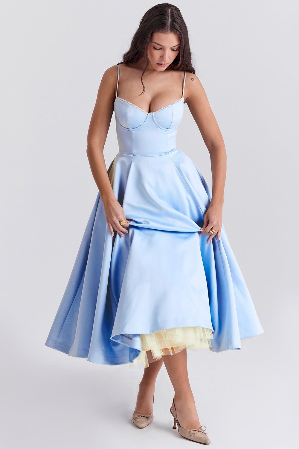 Women's Satin Tulle Midi Dress with Pockets