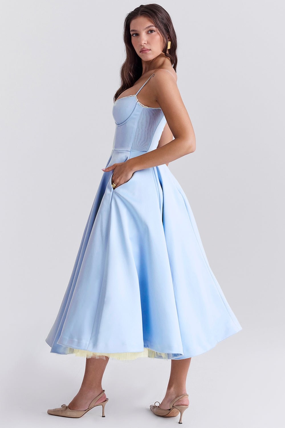 Women's Satin Tulle Midi Dress with Pockets