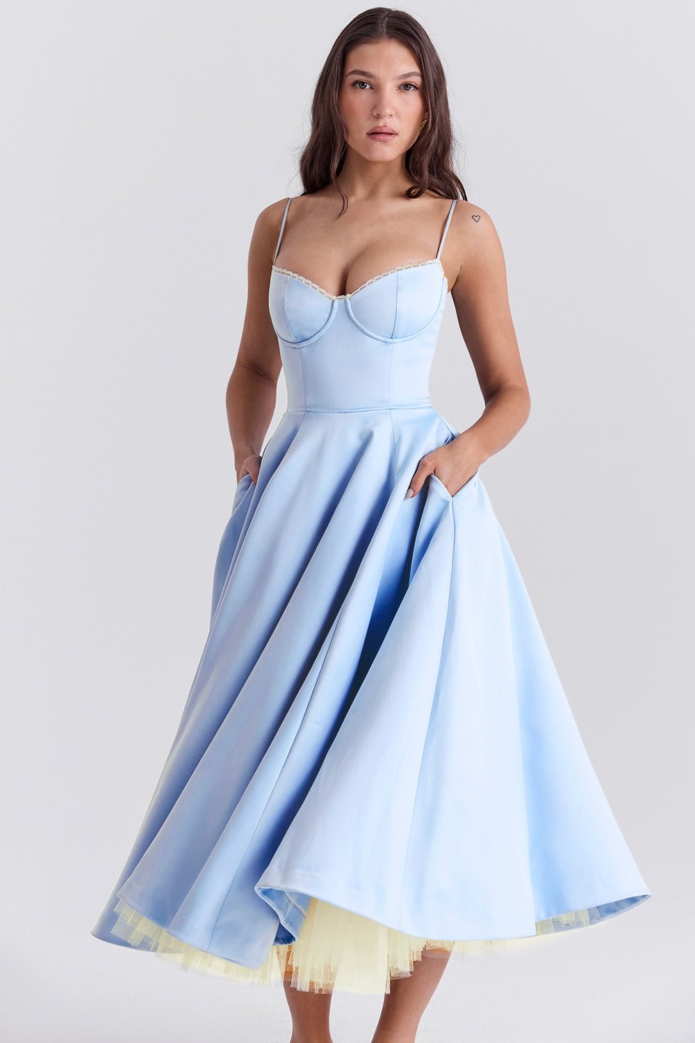 Women's Satin Tulle Midi Dress with Pockets