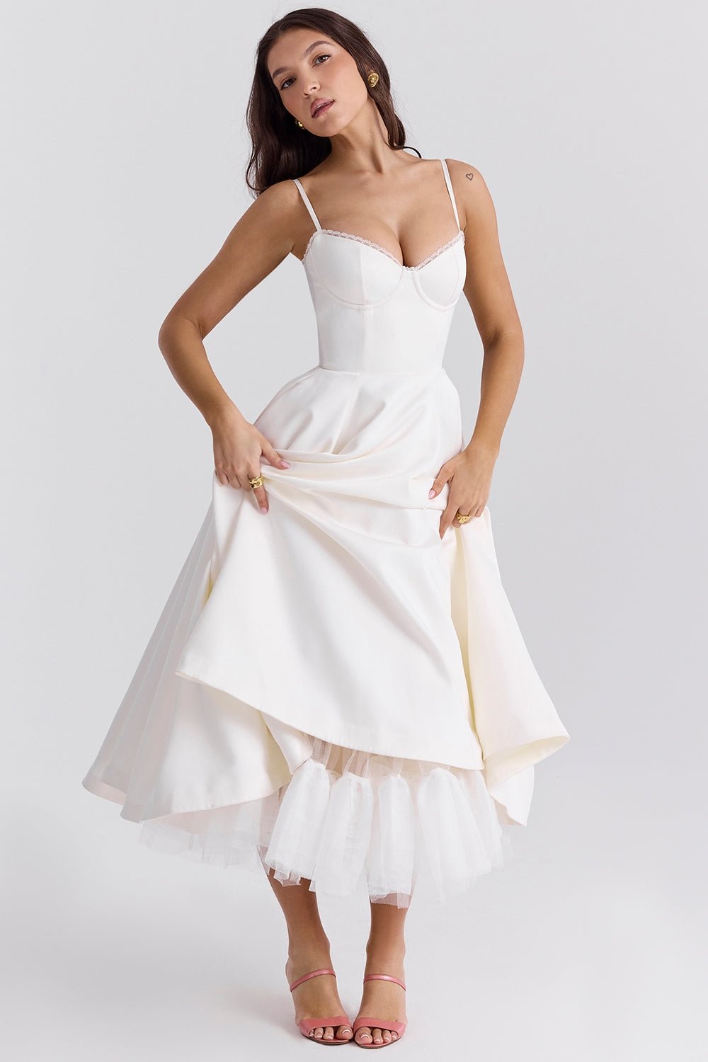 Women's Satin Tulle Midi Dress with Pockets
