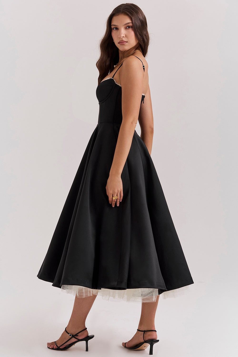 Women's Satin Tulle Midi Dress with Pockets