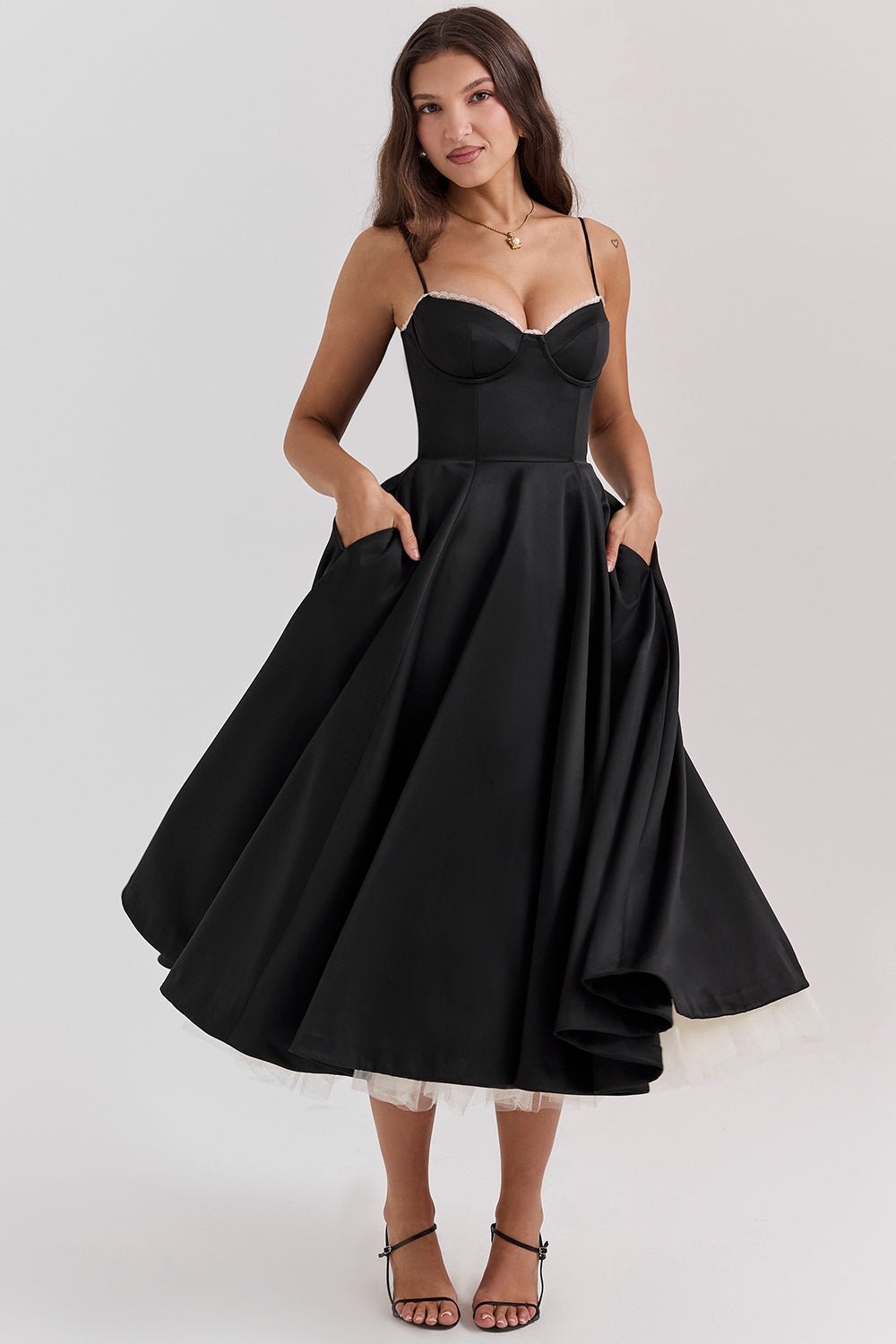 Women's Satin Tulle Midi Dress with Pockets