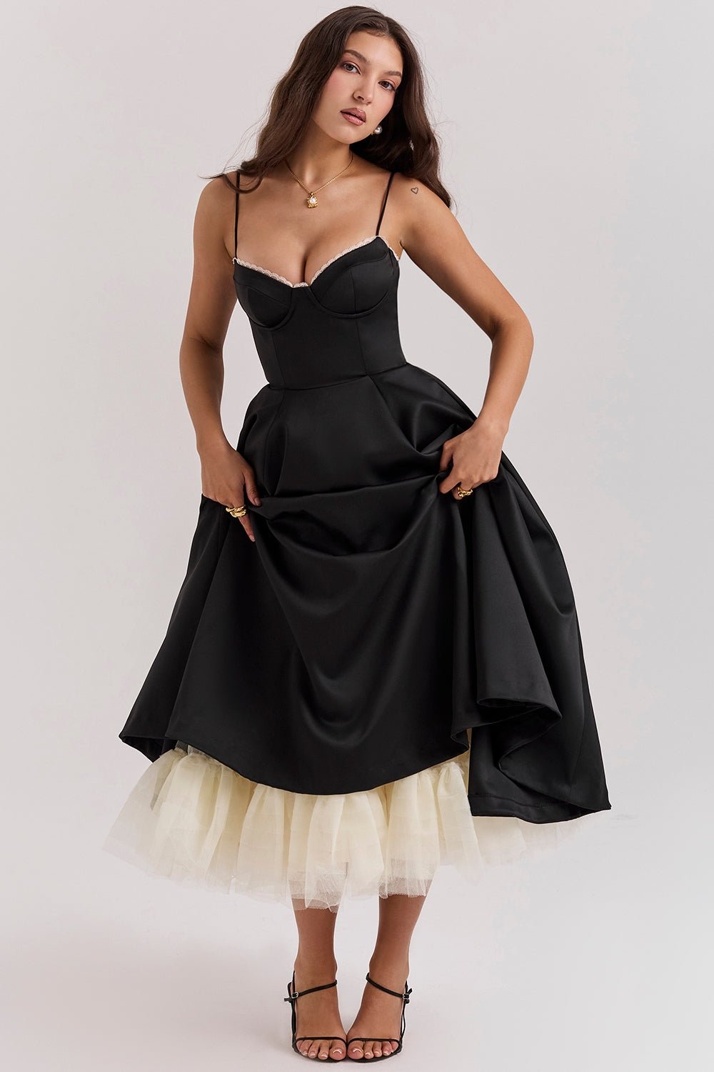 Women's Satin Tulle Midi Dress with Pockets