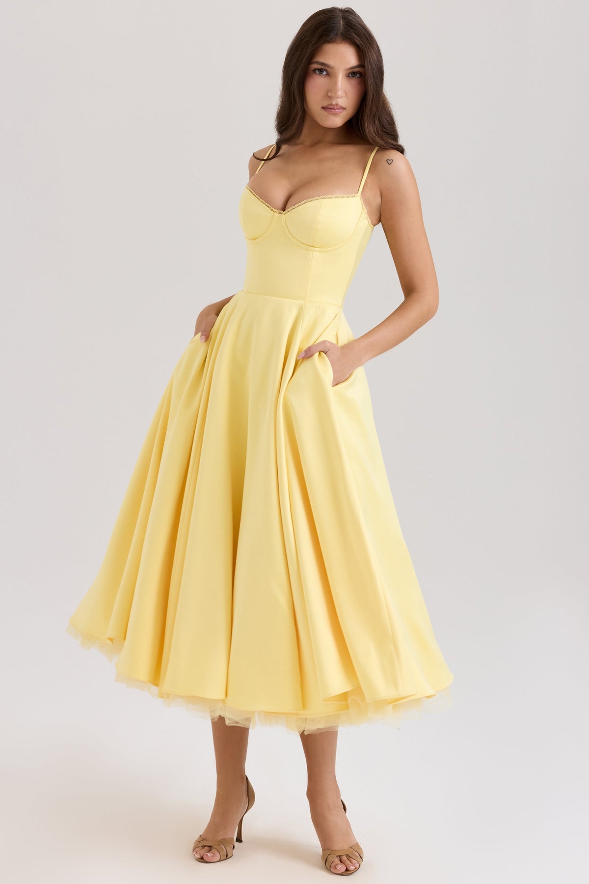 Women's Satin Tulle Midi Dress with Pockets