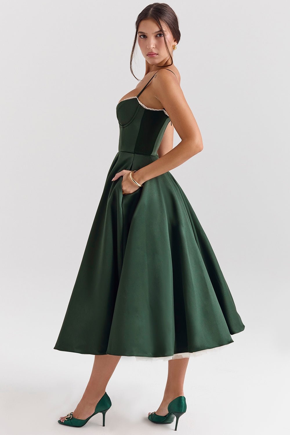 Women's Satin Tulle Midi Dress with Pockets