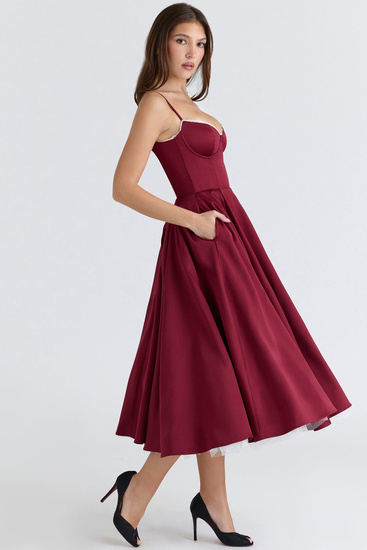 Women's Satin Tulle Midi Dress with Pockets