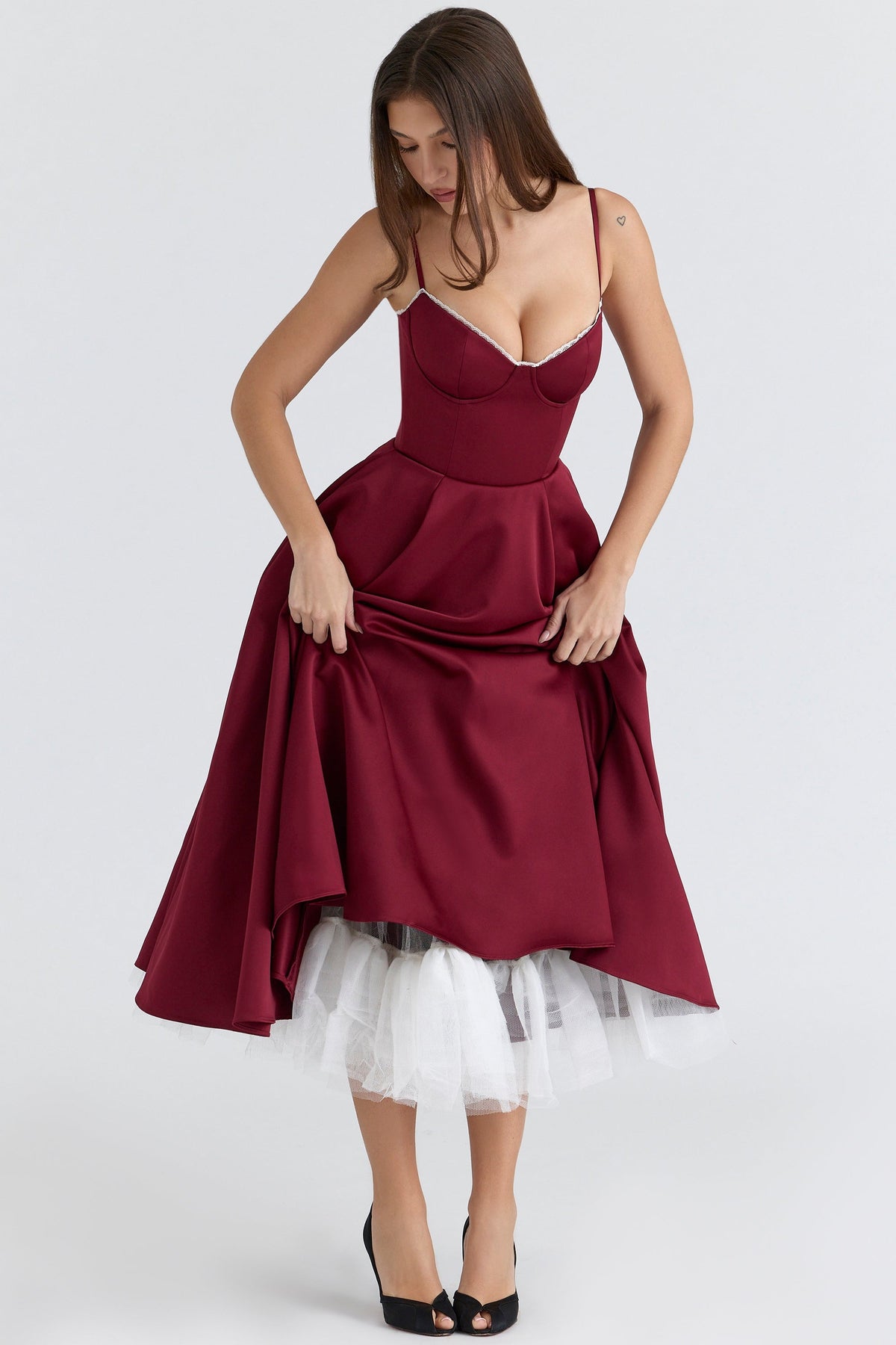 Women's Satin Tulle Midi Dress with Pockets
