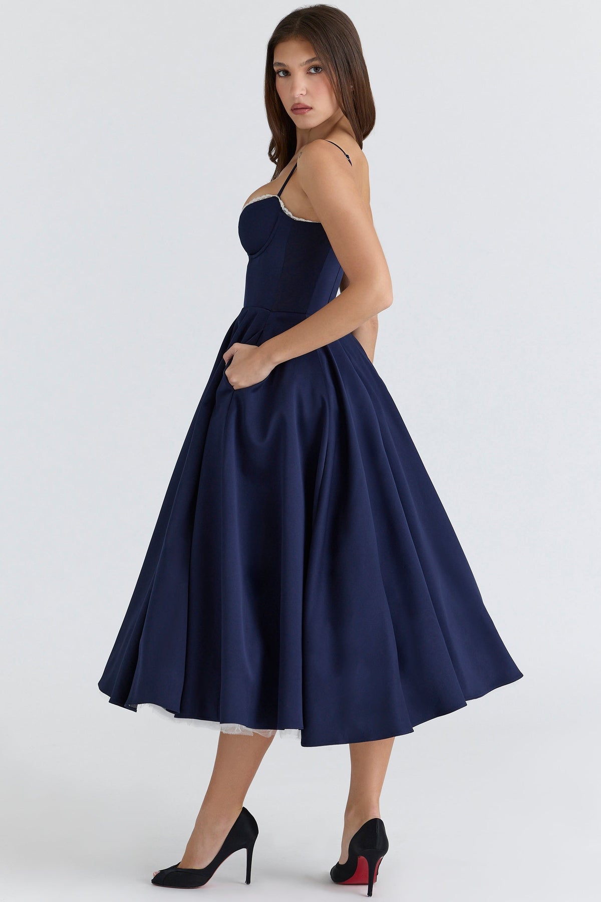 Women's Satin Tulle Midi Dress with Pockets