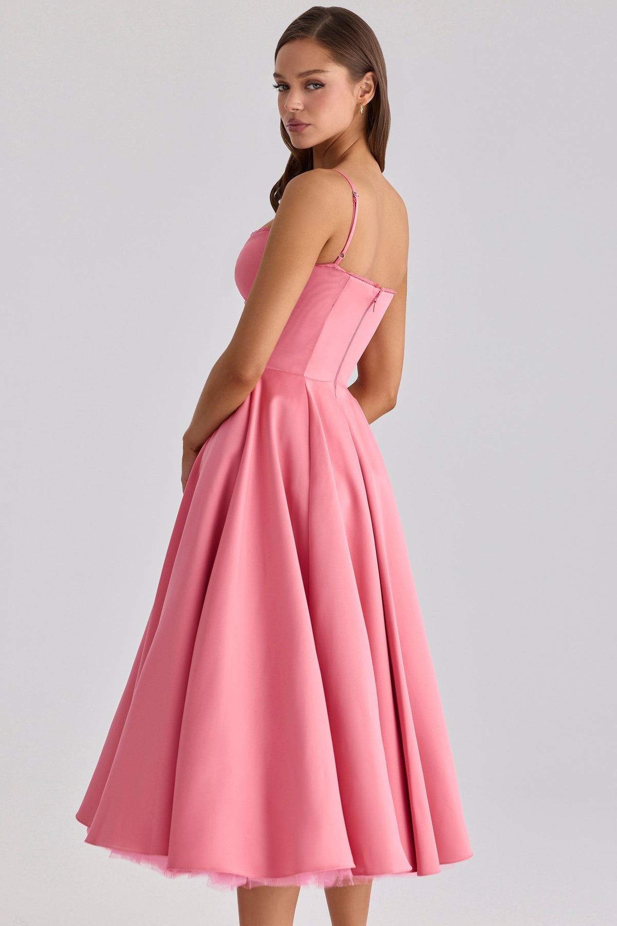 Women's Satin Tulle Midi Dress with Pockets