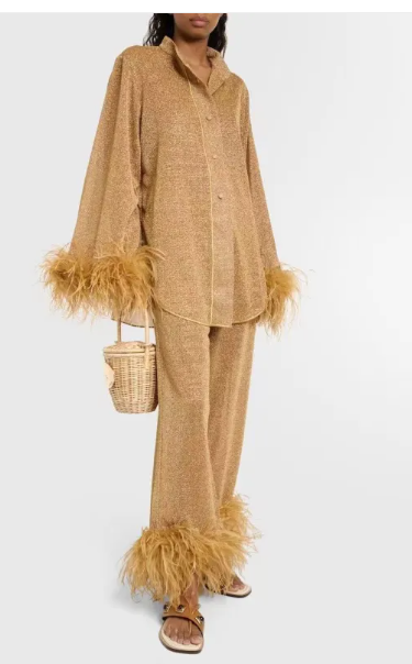 Conjunto de dos piezas para mujer con ribete de plumas y pantalones anchos de pierna relajada