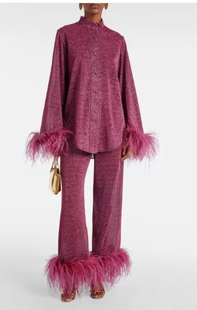 Conjunto de dos piezas para mujer con ribete de plumas y pantalones anchos de pierna relajada