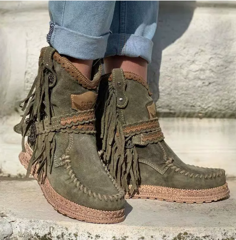Γυναικεία Δερμάτινα Μποτάκια Boho Western με Κρόσσια