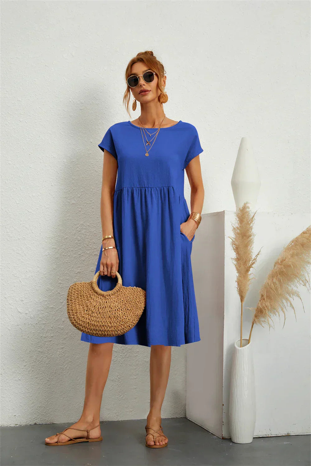 Women's Casual Midi Dress with Short Sleeves