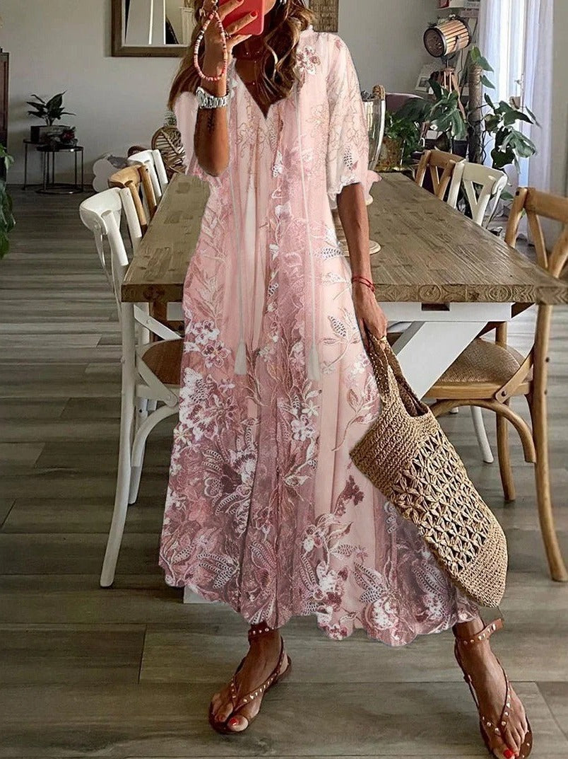 Women's Floral Bohemian V-Neck Flowing Maxi Dress