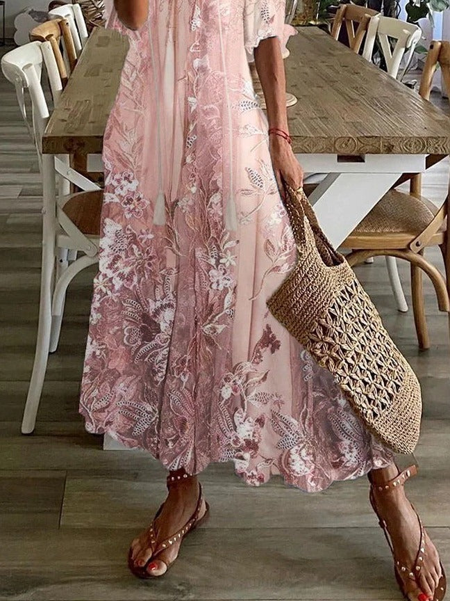 Women's Floral Bohemian V-Neck Flowing Maxi Dress