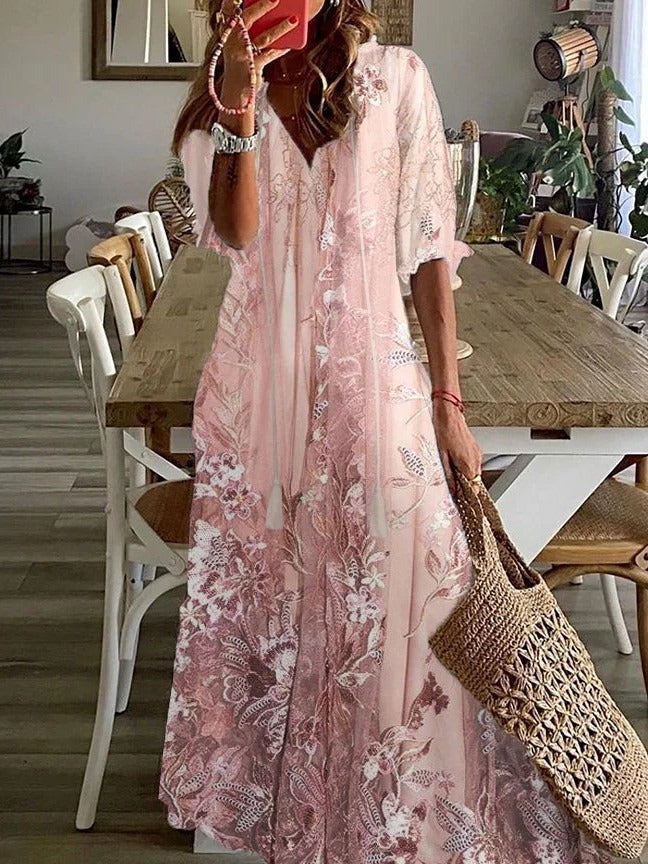 Women's Floral Bohemian V-Neck Flowing Maxi Dress