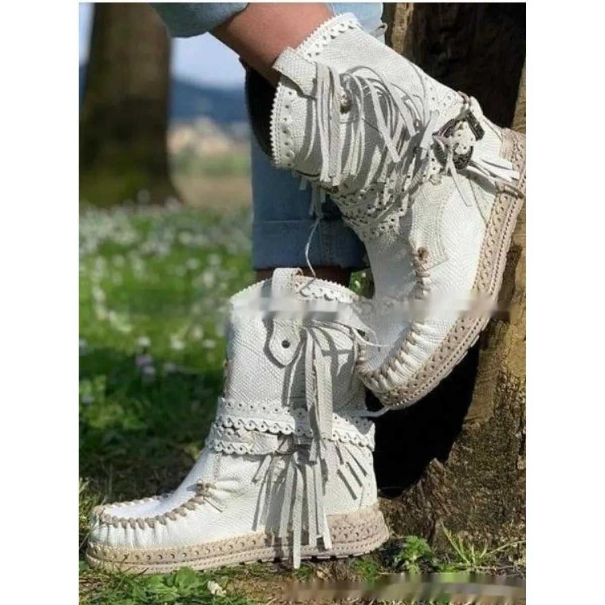 Γυναικεία Δερμάτινα Μποτάκια Boho Western με Κρόσσια