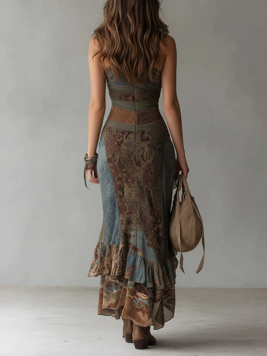 Robe longue pour femme à imprimé ethnique avec fente latérale